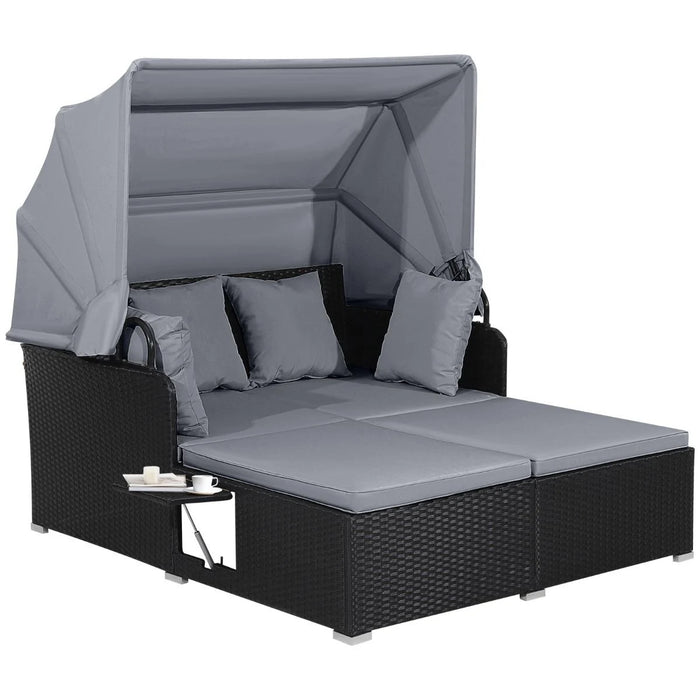 Rattan Daybed with Retractable Canopy, Cushions & Side Trays