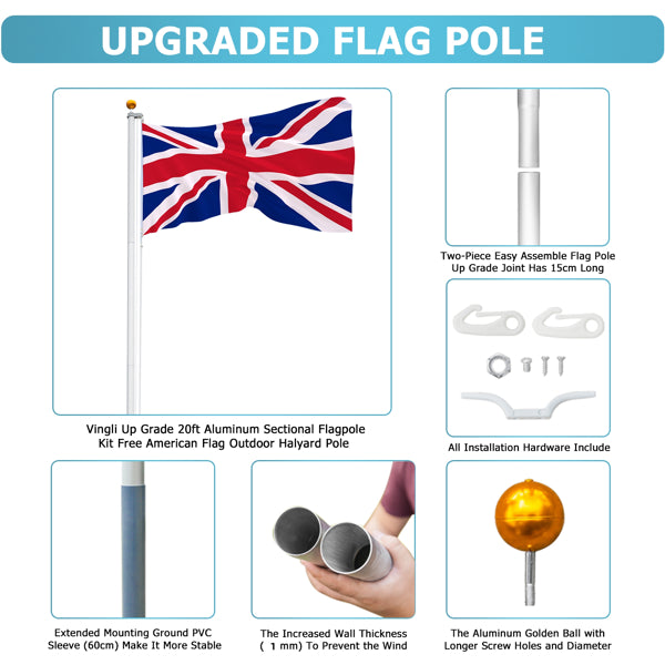 20FT Telescopic Aluminium Flagpole – Outdoor Retractable Splicing Pole with Rotating Rings & Ground Mount