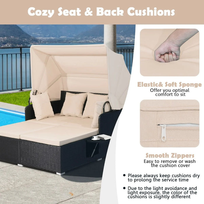 Rattan Daybed with Retractable Canopy, Cushions & Side Trays