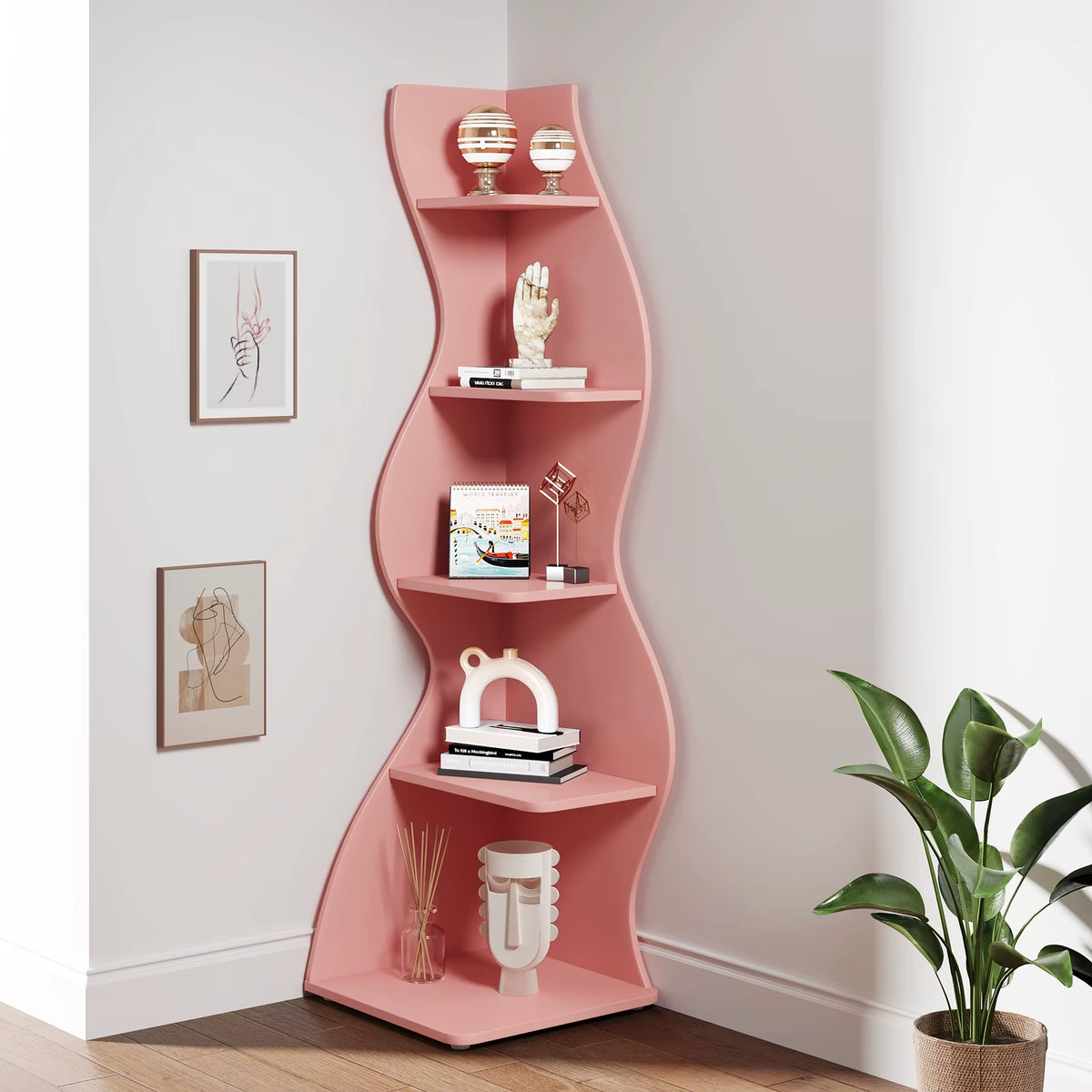 SEDOL Corner Shelf 5-Tier Modern Wall Bookshelf Stylish Tall Corner Storage Rack Small White Bookcase Plant Stand for Living Room Bedroom Office Space Saving