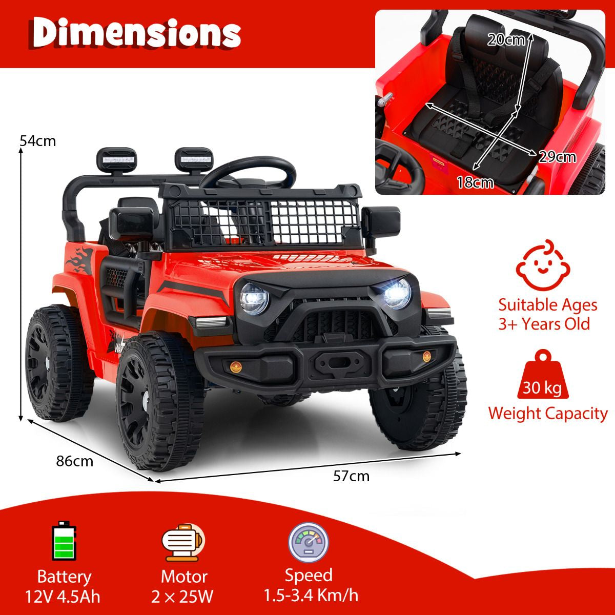 SEDOL 12V Electric Ride-On Truck for Kids with Parental Remote Control Dual 25W Motors All-Terrain Shock Absorbers LED Headlights and Soft-Start Safety System