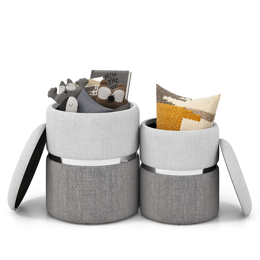 Modern round Linen Fabric Storage Ottoman Set of 2