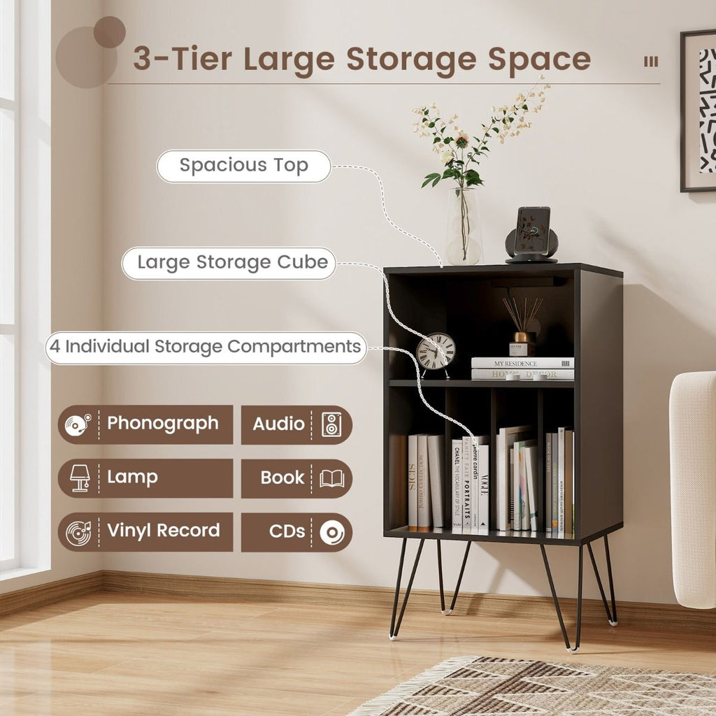 3-Tier Record Player Stand with Charging Station Shelf and 4 Dividers