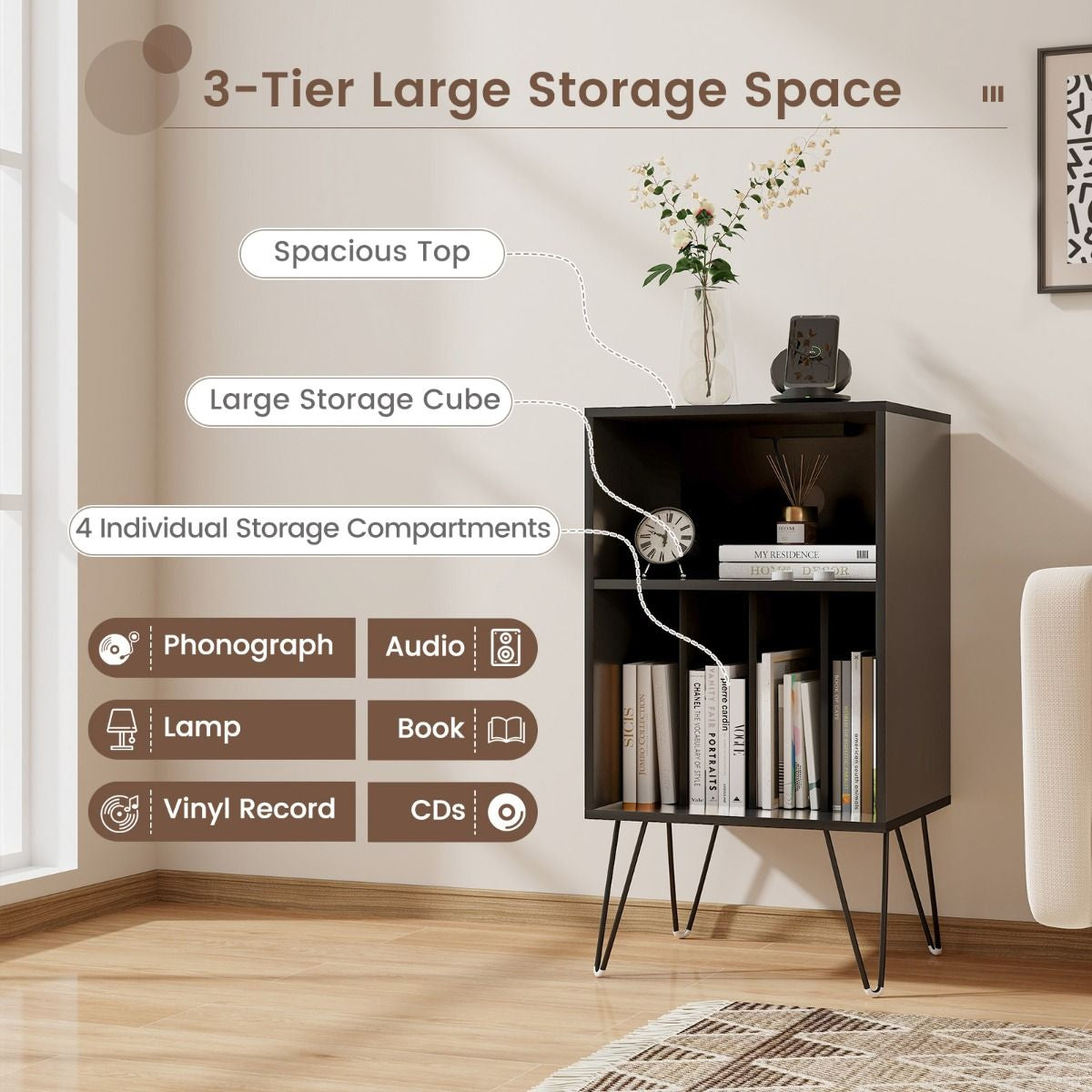 3-Tier Record Player Stand with Charging Station Shelf and 4 Dividers