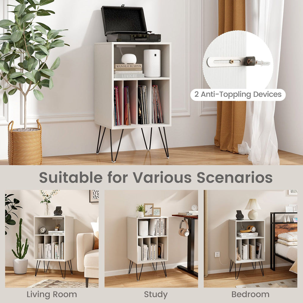 3-Tier Record Player Stand with Charging Station Shelf and 4 Dividers