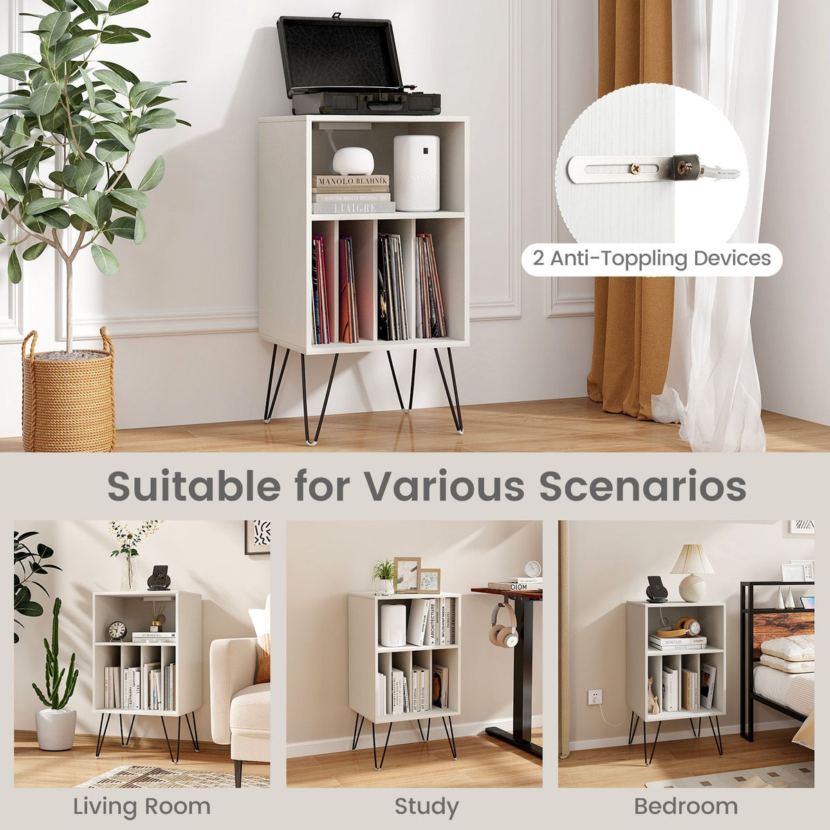 3-Tier Record Player Stand with Charging Station Shelf and 4 Dividers