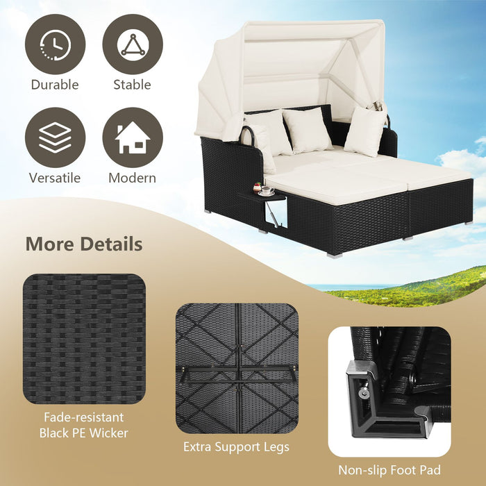 Rattan Daybed with Retractable Canopy, Cushions & Side Trays