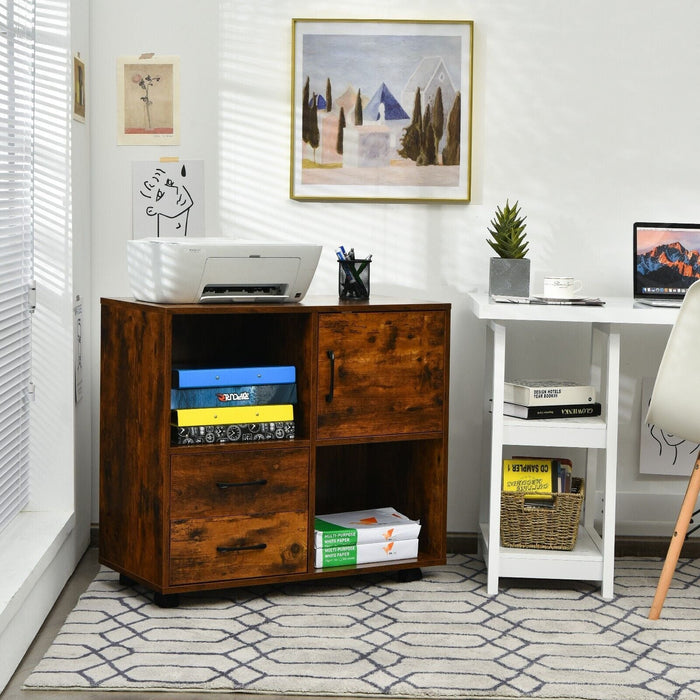 Home Office Mobile File Cabinet with 2 Drawers 2 Open Shelves and Door