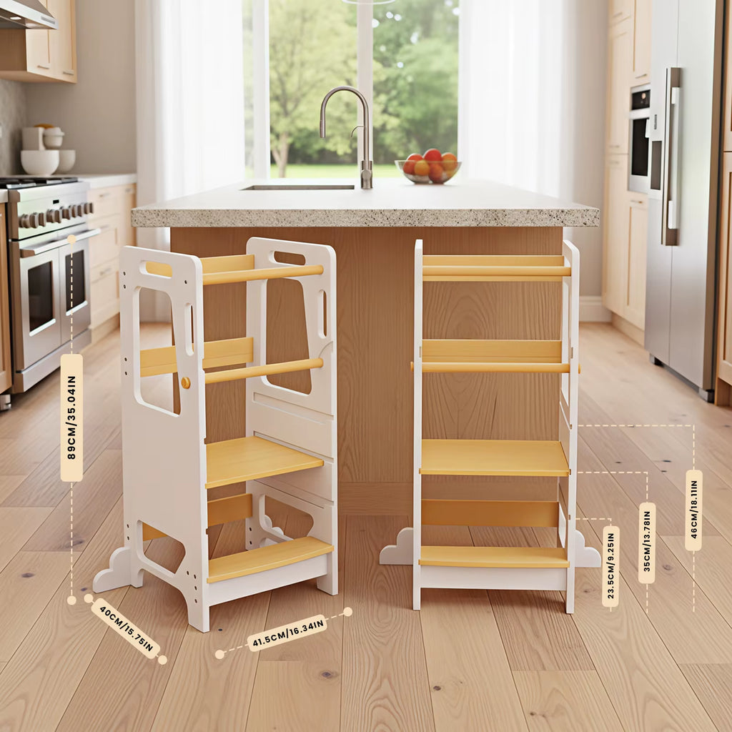 SEDOL 3-Level Adjustable Montessori Learning Tower for Toddlers 12+ Months Stable Wooden Kitchen Helper Stool with Anti-Wobble Stabilizers and Reinforced Safety Bars – Natural Pine