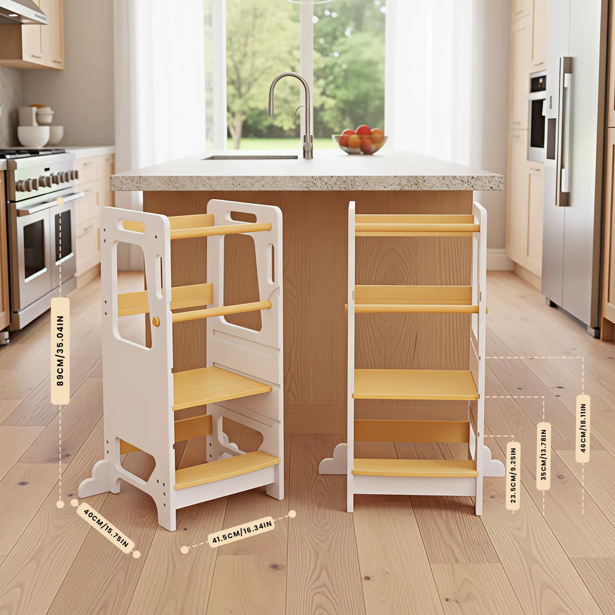 SEDOL 3-Level Adjustable Montessori Learning Tower for Toddlers 12+ Months Stable Wooden Kitchen Helper Stool with Anti-Wobble Stabilizers and Reinforced Safety Bars – Natural Pine