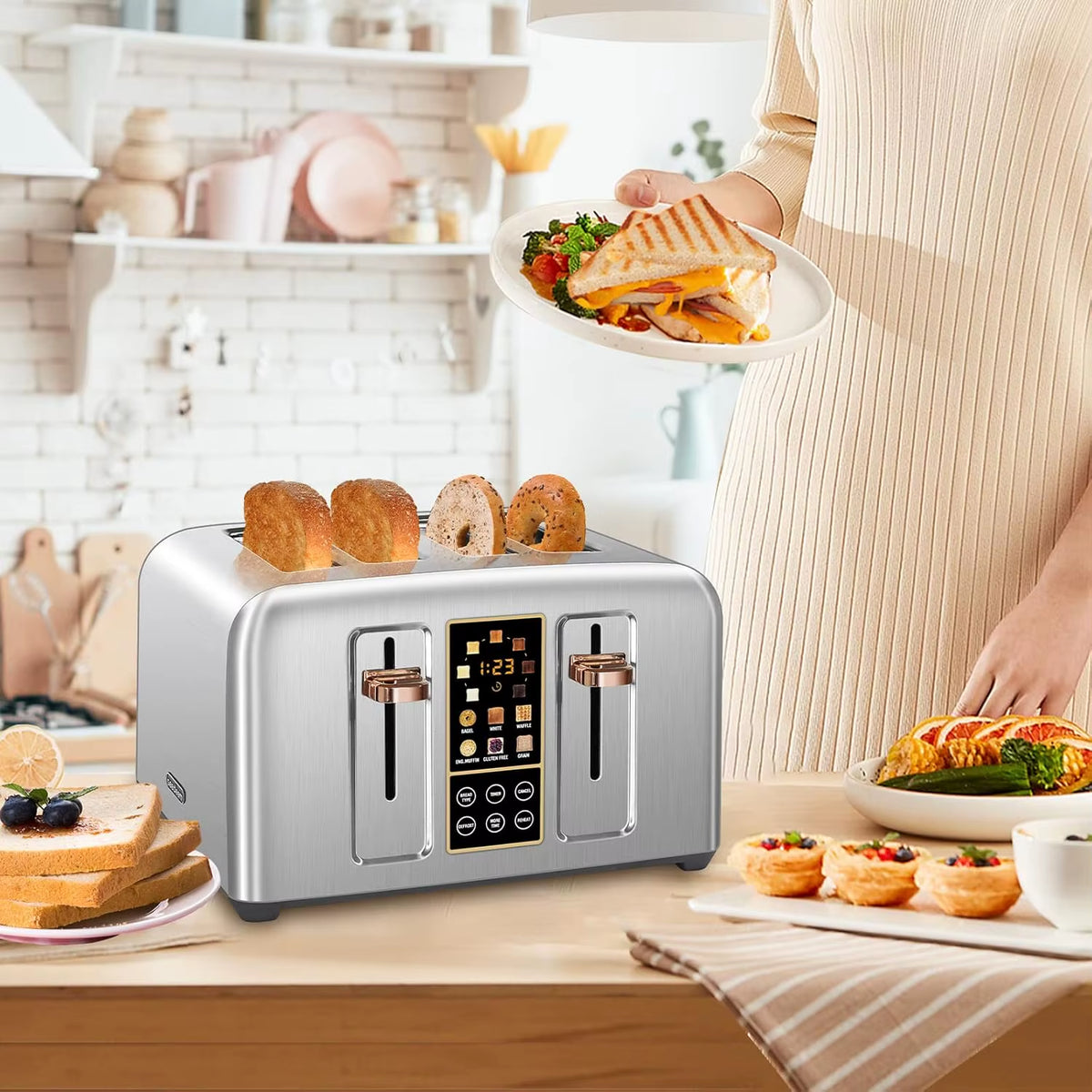 SEDOL 4 Slice Toaster Stainless Steel Digital Toaster with Touch LCD Display 7 Browning Levels and 6 Bread Mode Selection Extra Wide Slots for Bagels Artisan Sourdough 1500W UK Plug