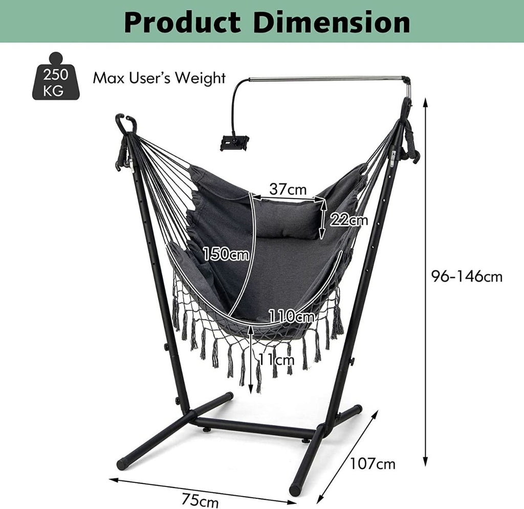 Hammock Chair with Stand – Adjustable Height, Phone Holder & Boho Tassels