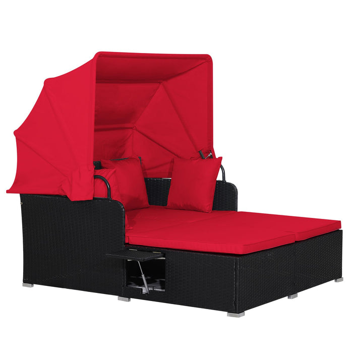 Rattan Daybed with Retractable Canopy, Cushions & Side Trays