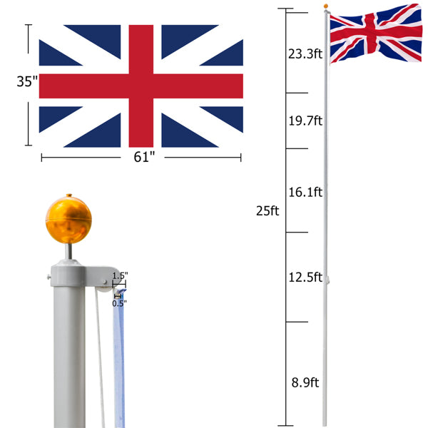 25FT Telescopic Aluminium Flagpole – Outdoor Retractable Splicing Pole with Rotating Rings & Ground Mount
