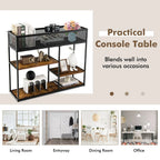 4-Tier Console Table with Wire Basket and Storage Shelves