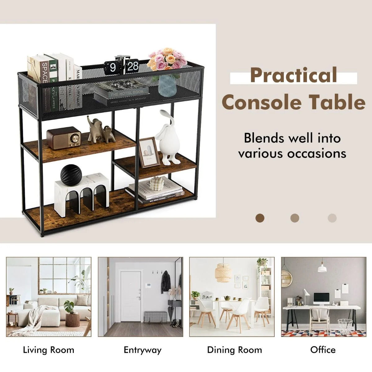 4-Tier Console Table with Wire Basket and Storage Shelves