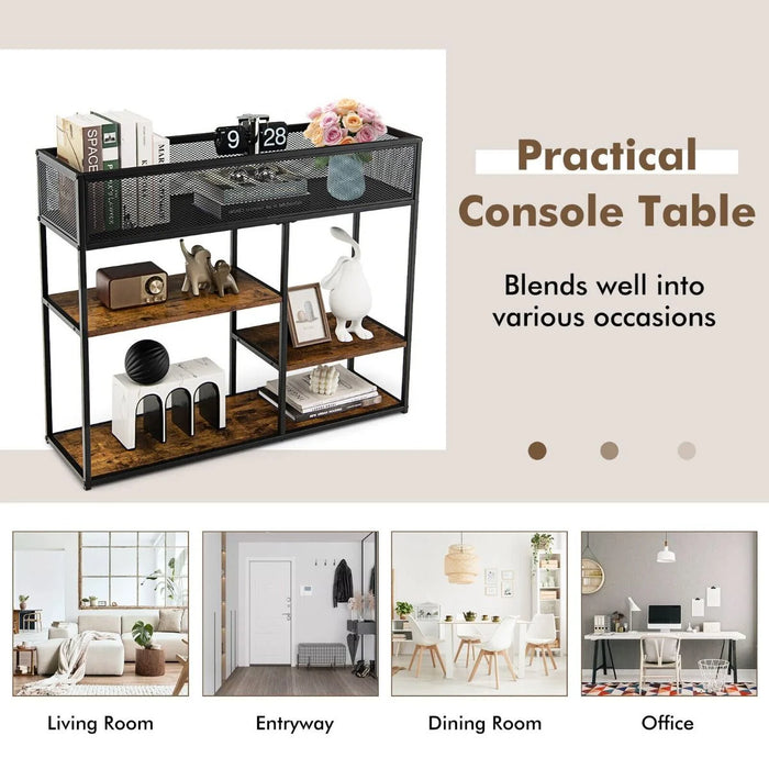 4-Tier Console Table with Wire Basket and Storage Shelves