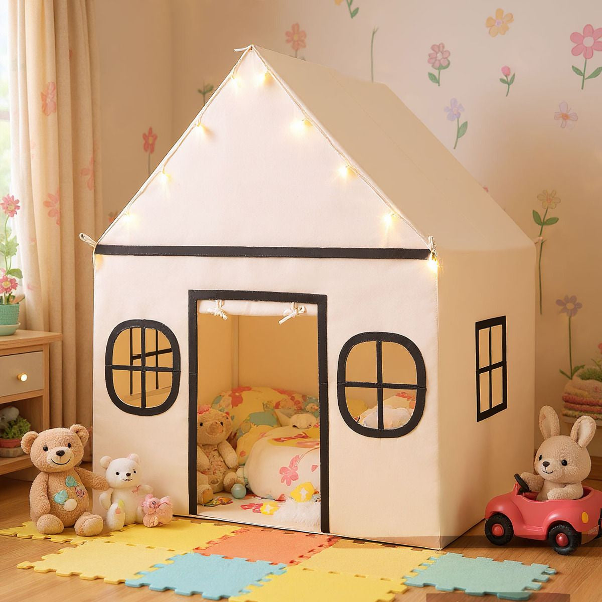 SEDOL Large Indoor Kids Playhouse with Plush Coral Velvet Mat and LED Star Lights Breathable Cotton-Blend Play Tent with Storage Pockets for Reading and Napping