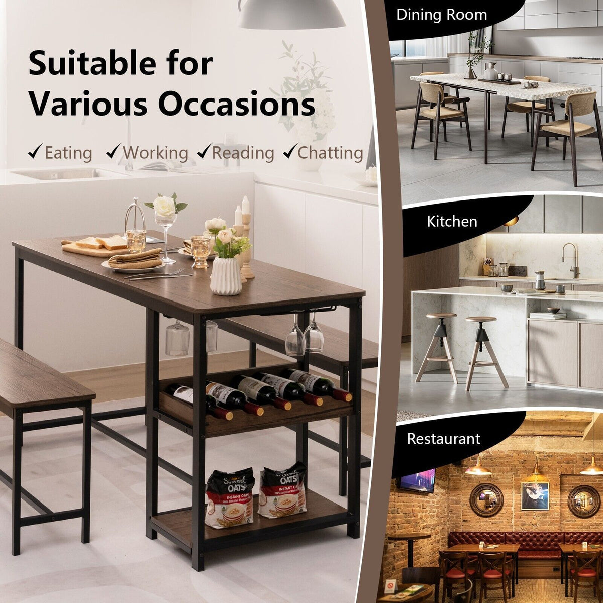 3 Pieces Kitchen Dining Set with Storage Rack