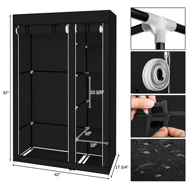 67" Portable Clothes Wardrobe – Fabric Closet with Hanging Rod (Black)