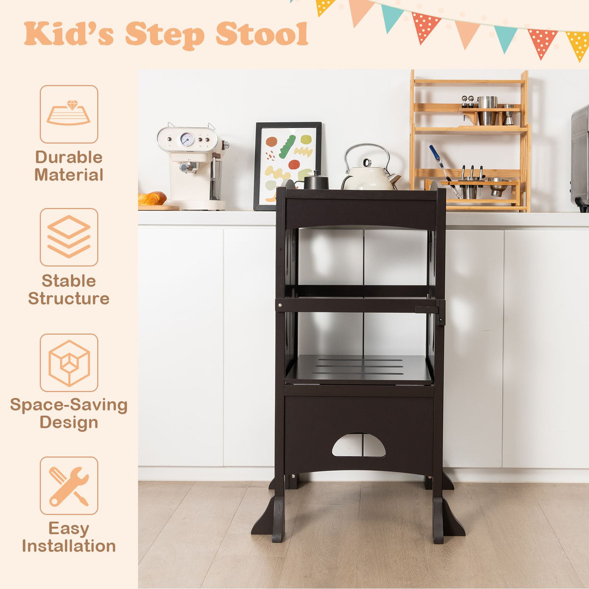 SEDOL Folding Montessori Learning Tower for Toddlers Space-Saving Height Adjustable Kitchen Helper Stool with Safety Latches and Full-Surround Guardrails