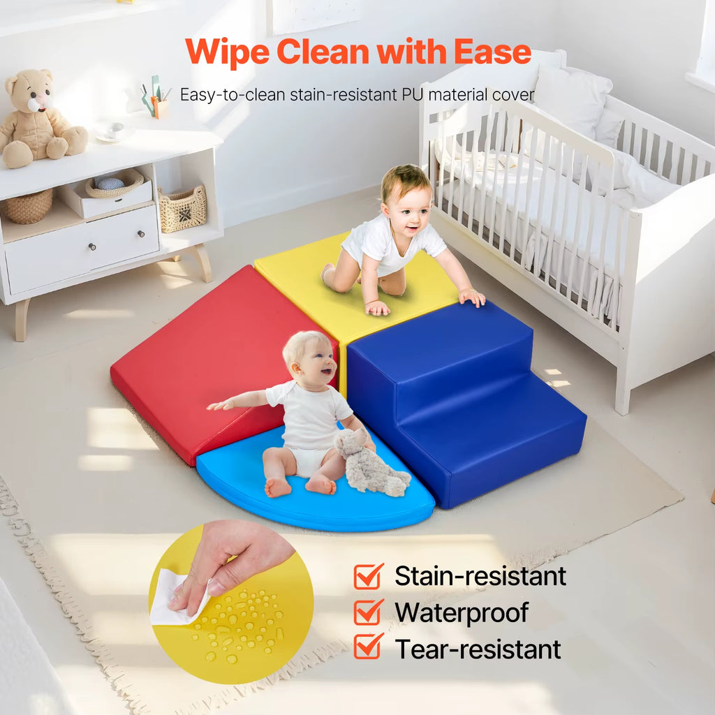 SEDOL 4-Piece Foam Climbing Blocks Soft Play Activity Set Indoor Montessori Toddler Crawl and Slide Playset Waterproof PU Leather with Anti-Slip Velcro for Babies