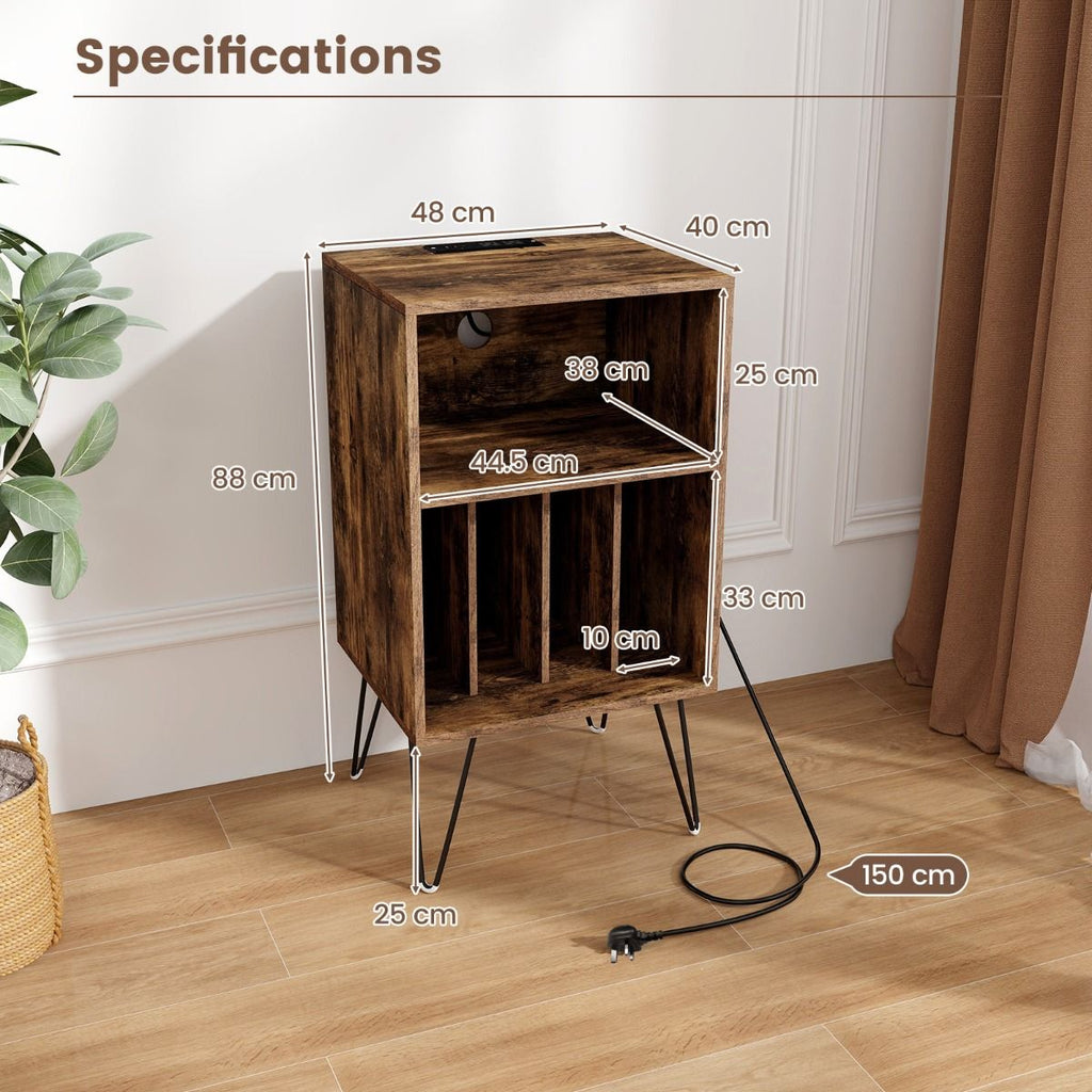 3-Tier Record Player Stand with Charging Station Shelf and 4 Dividers