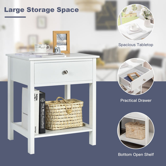 2 Pieces Wooden Nightstand with Drawer and Storage Shelf