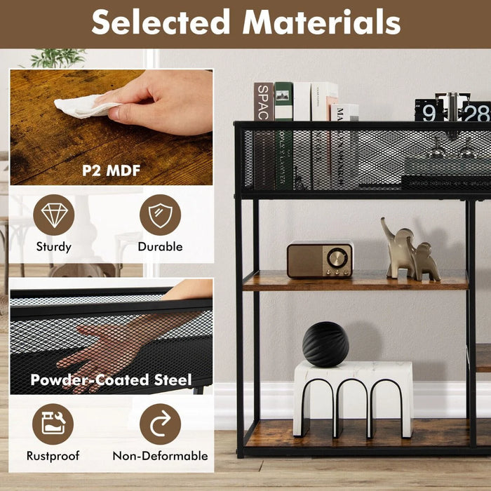 4-Tier Console Table with Wire Basket and Storage Shelves