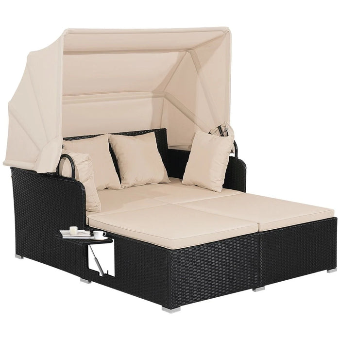 Rattan Daybed with Retractable Canopy, Cushions & Side Trays