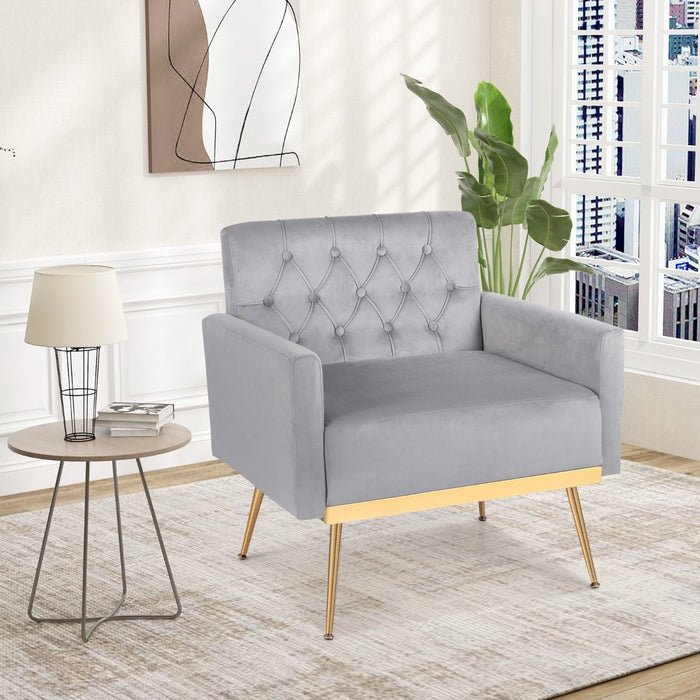 Modern Velvet Accent Chair with Button Tufted Back and Golden Metal Legs