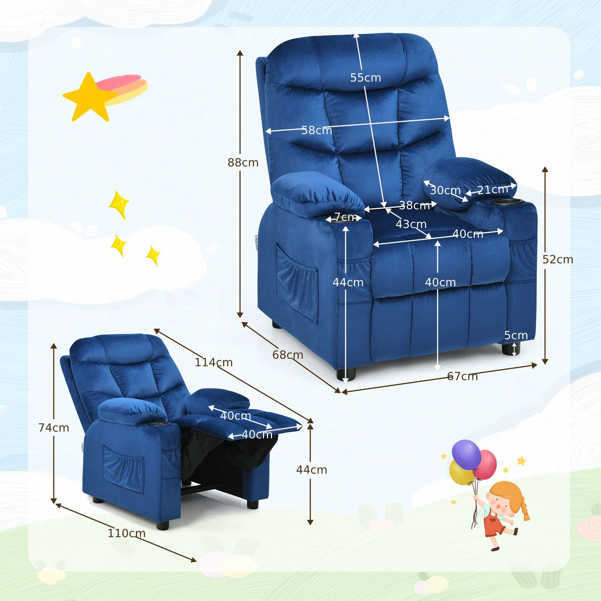 SEDOL Deluxe Larger Kids Recliner Armchair with Dual Cup Holders and Storage Pockets Premium Velvet Children’s Lounge Chair with 130° Adjustable Backrest & Pine Wood Frame