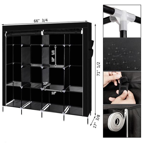 67" Portable Clothes Wardrobe – 12-Shelf Fabric Closet Organiser (Black)