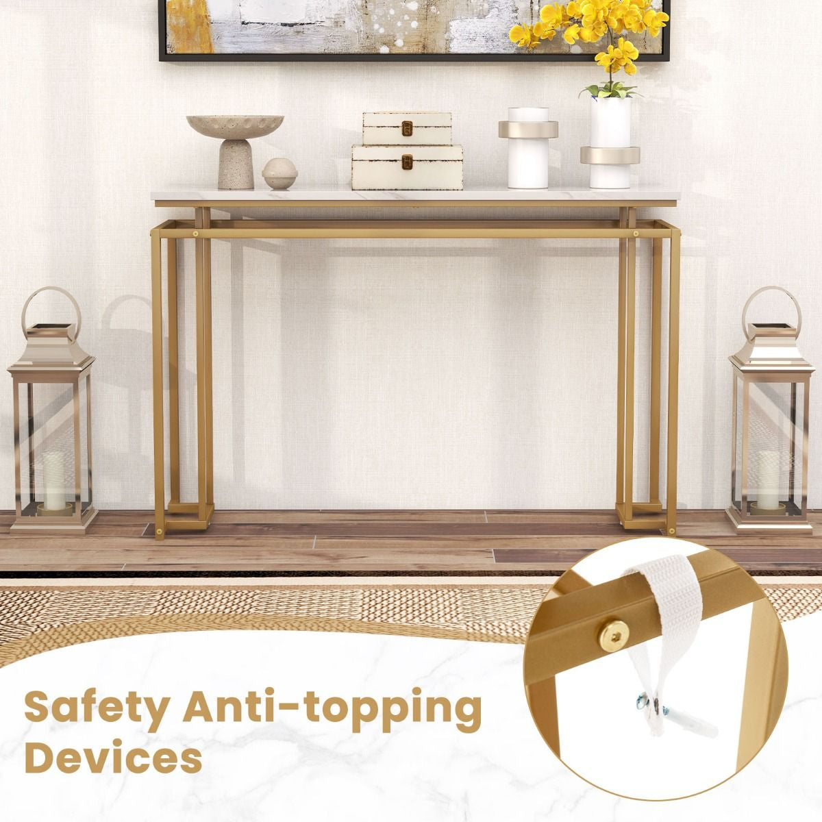 Gold Console Table – Faux Marble Top & Geometric Metal Frame