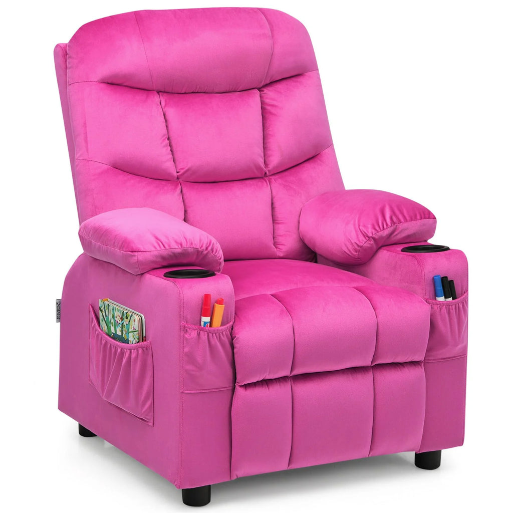 SEDOL Deluxe Larger Kids Recliner Armchair with Dual Cup Holders and Storage Pockets Premium Velvet Children’s Lounge Chair with 130° Adjustable Backrest & Pine Wood Frame