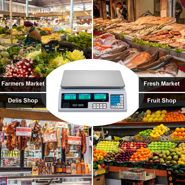 30–40kg  Digital Price Computing Scale – Vegetable & Retail Weighing Scale with Backlit LCD Display, 5g Precision & UK Plug – Silver & White
