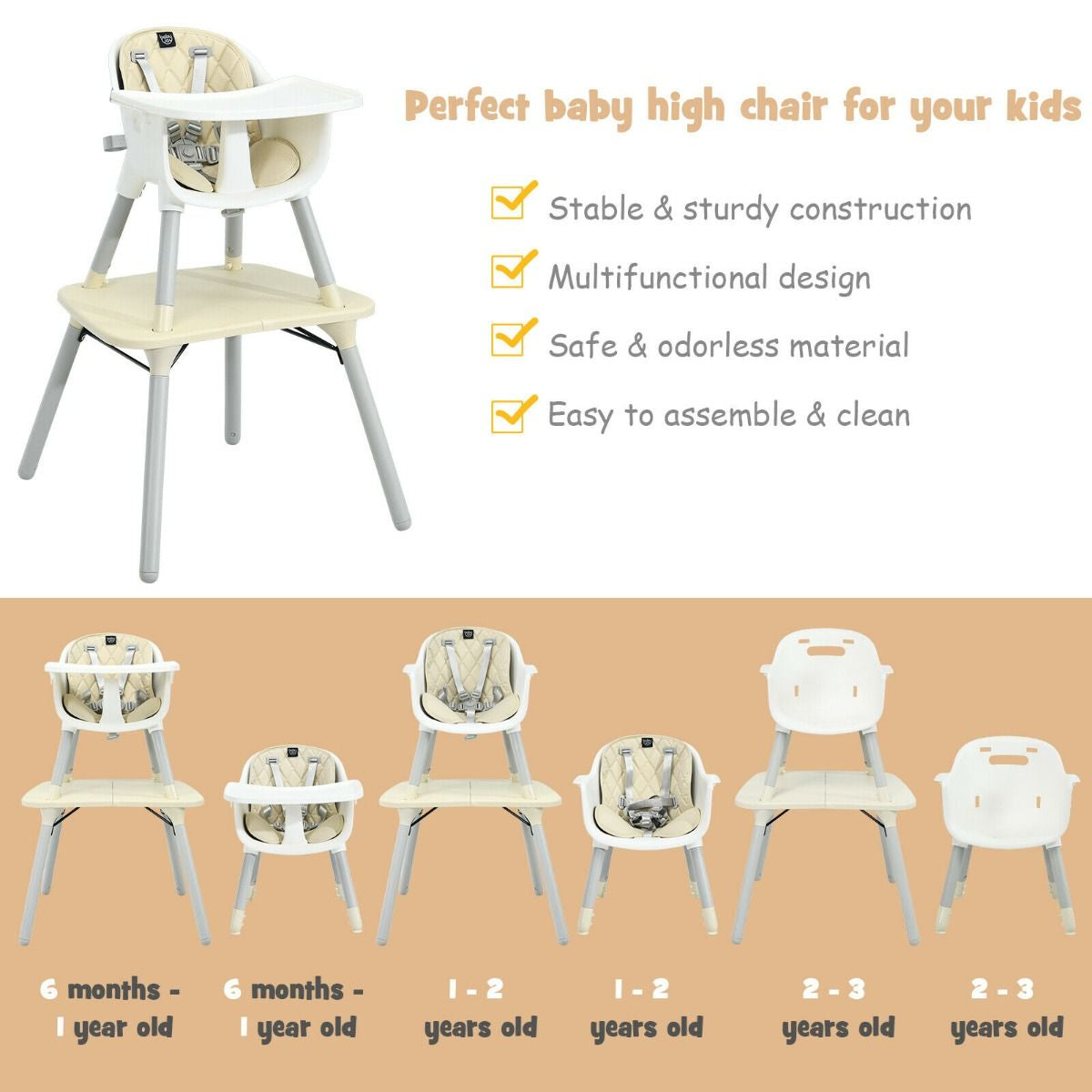SEDOL 5-in-1 Convertible Baby High Chair & Independent Play Table Set with 5-Point Safety Harness 2-Position Removable Tray and Waterproof Easy-Clean Cushion