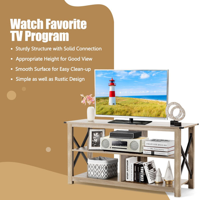 3-Tier Rustic TV Stand with Open Shelves and Cable Management