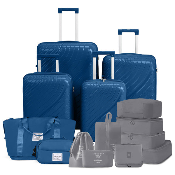 4-Piece Luggage Set with Handbags & Toiletry Kit – Durable Hard Shell Suitcases 18"/20"/24"/28" with Spinner Wheels, Travel Tote & Wash Bag – Dark Blue