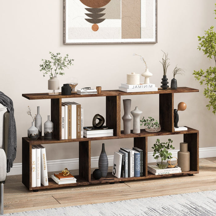 2-Tier Irregular Storage Shelf Wood Shelving Units with 4 Compartments