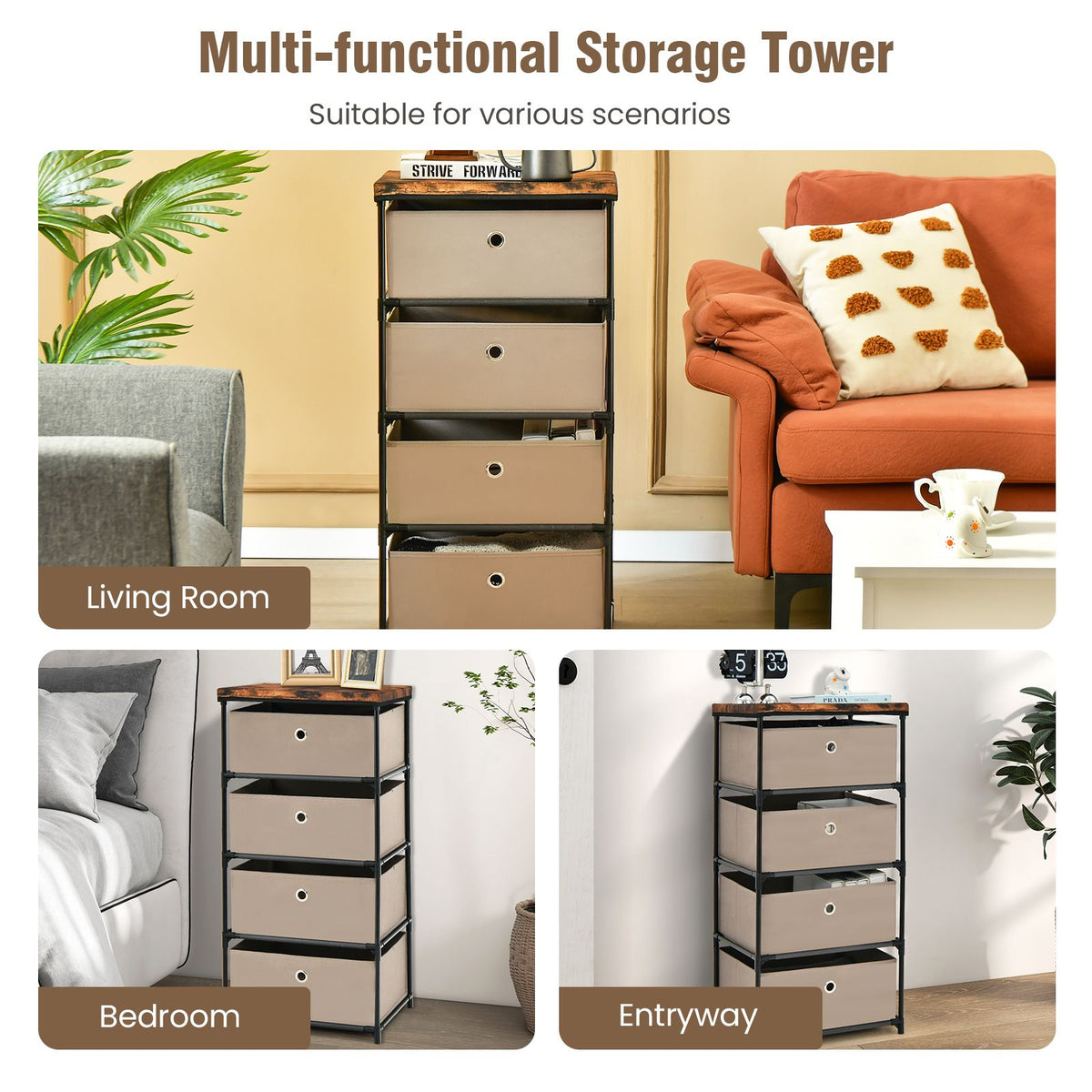 4-Tier Fabric Dresser with Drawers and Metal Frame