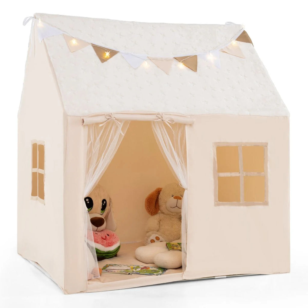 SEDOL Kids Play Tent with Glow-in-the-Dark Stars & Padded Mat Beige Indoor Playhouse with Fairy Lights and Bunting for Toddlers Nursery and Sensory Corner