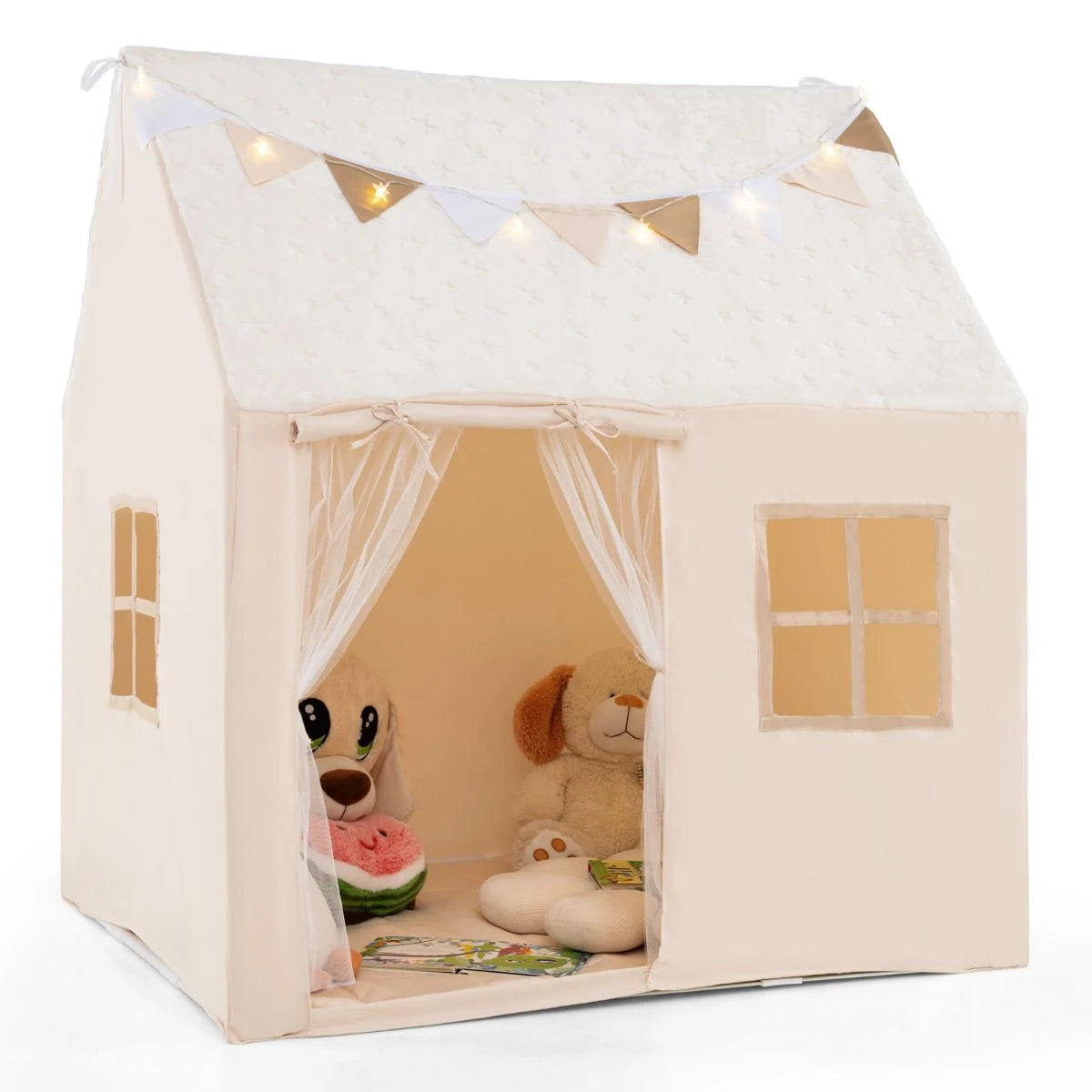 SEDOL Kids Play Tent with Glow-in-the-Dark Stars & Padded Mat Beige Indoor Playhouse with Fairy Lights and Bunting for Toddlers Nursery and Sensory Corner