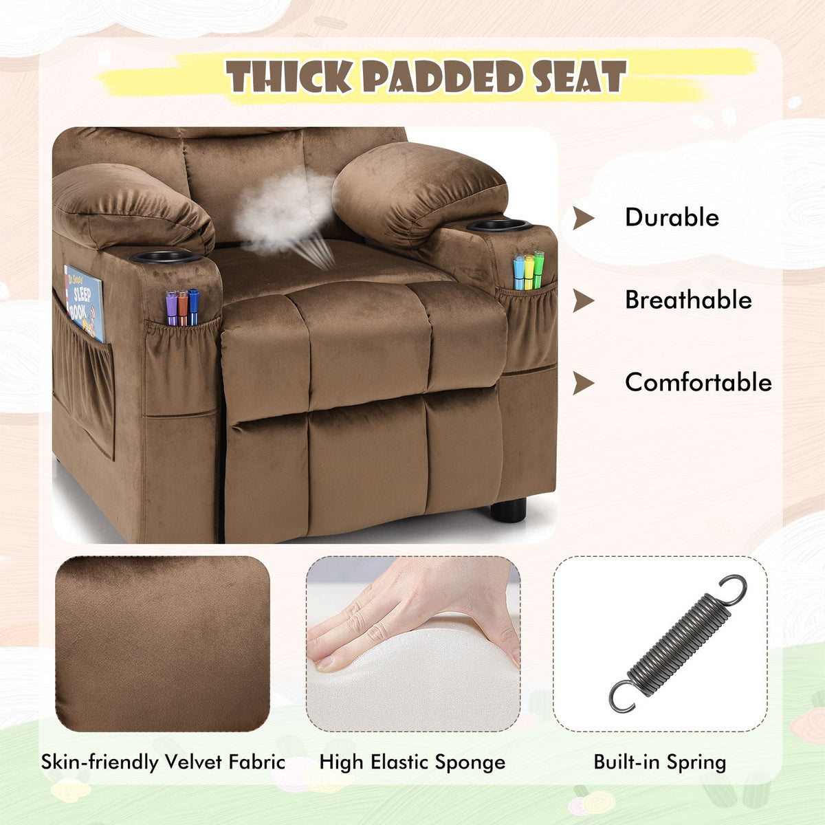 SEDOL Deluxe Larger Kids Recliner Armchair with Dual Cup Holders and Storage Pockets Premium Velvet Children’s Lounge Chair with 130° Adjustable Backrest & Pine Wood Frame