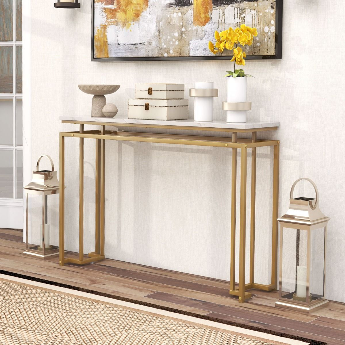 Gold Console Table – Faux Marble Top & Geometric Metal Frame