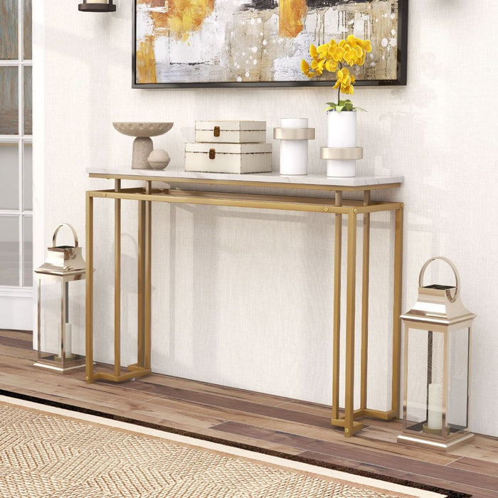 Gold Console Table – Faux Marble Top & Geometric Metal Frame