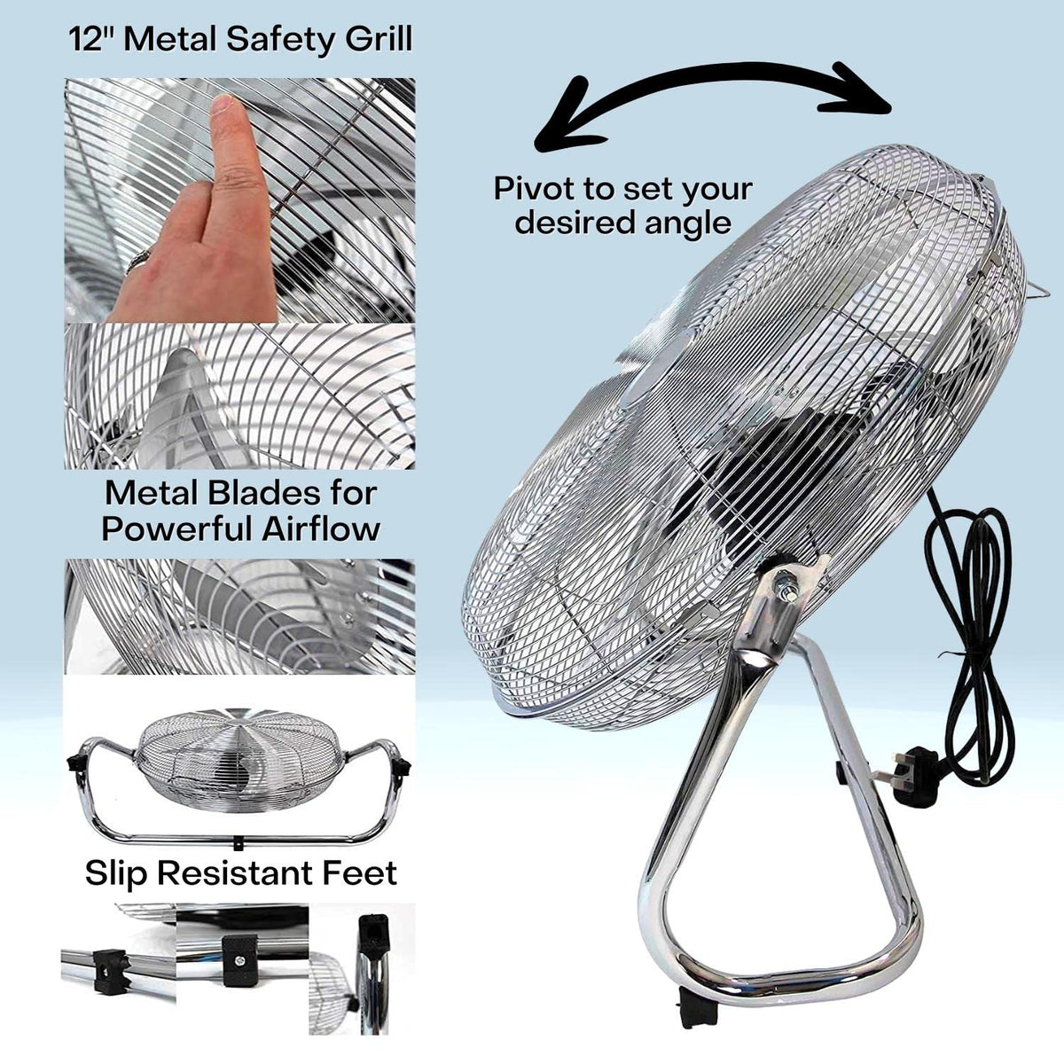 SEDOL 12" Chrome Floor Fan with 3 Speed Settings and Tilting Head Feature