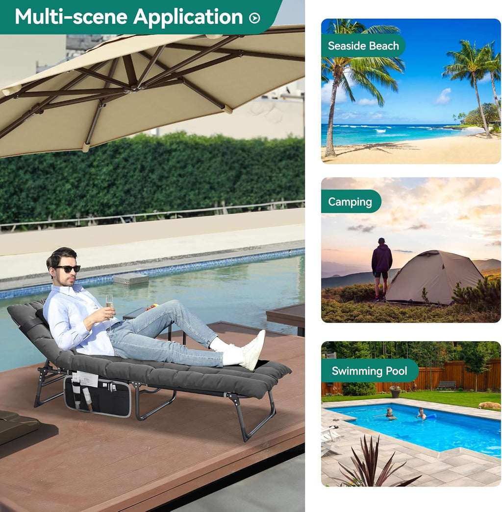 SEDOL Reclining Sun Lounger Set of 2 | 5-Position Adjustable Folding Garden Bed with Sponge-Filled Mattress | Heavy Duty 330lb Capacity Sunbeds with Headrest and Side Storage Pocket Gray