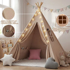 Foldable Teepee Tent with Cusions Mats LED Star String Lights, Portable Play Tent for Indoor/Outdoor Garden Playhouse Adventures