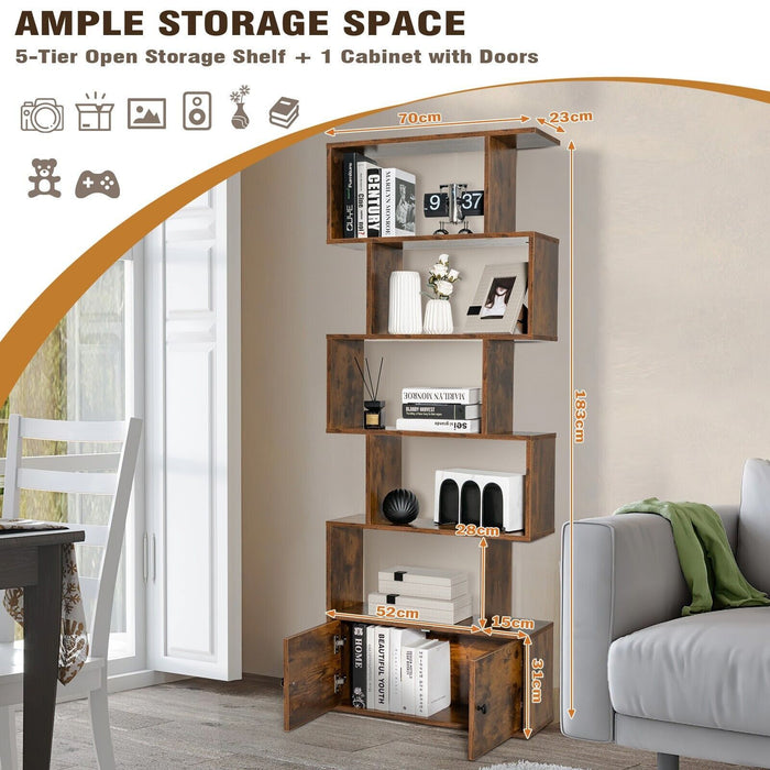 Industrial S-Shaped 5-Tier Bookcase with Cabinet
